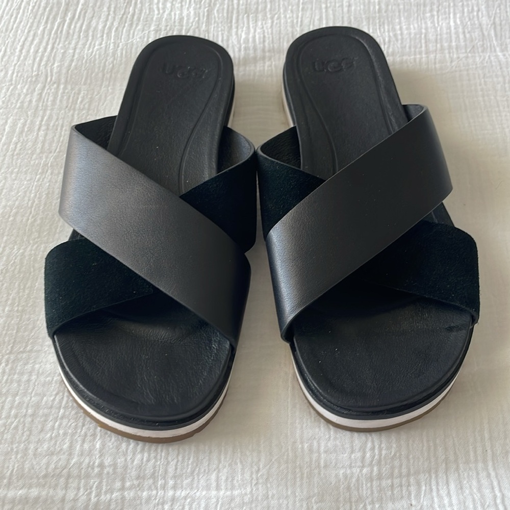Ugg Kari Leather Slide Sandal Womens Black Slip On Open Toe Crisscross Strap 7 - Picture 15 of 15